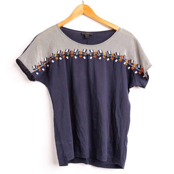 J Crew Beaded Embroidery Details Crew Neck T-Shirt Navy Size S Orange details - Picture 1 of 2